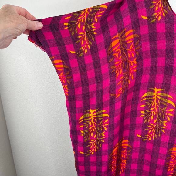 Pink Black Checkered Gold Leaf Semi-Sheer Summer Cover Up Kaftan Maxi Dress XS - Picture 6 of 14